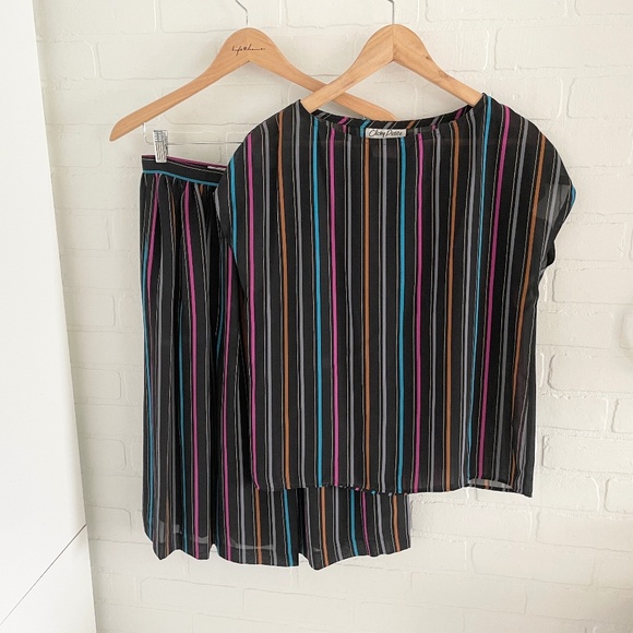 Vintage 80s 90s Matching Set (2) Skirt Blouse Chiffon Sheer Stripes Sz 12 Petite - Picture 1 of 14